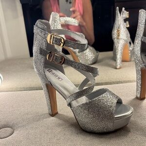 IDIFU Silver Glitter Strappy stiletto Heels